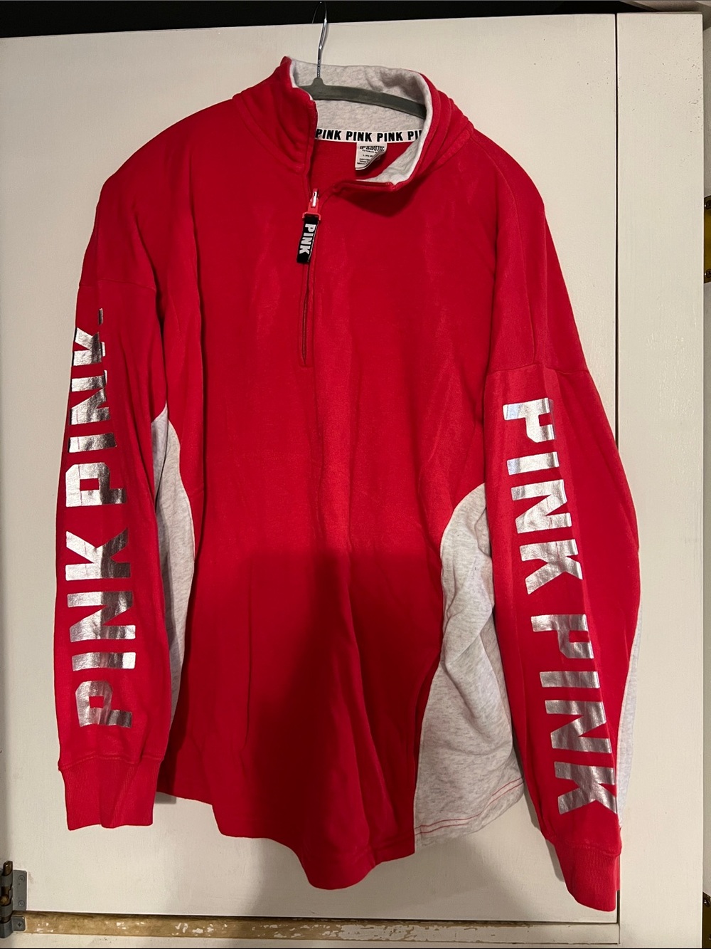 PINK Victoria's Secret Red & Gray Quarter-Zip Sweatshirt